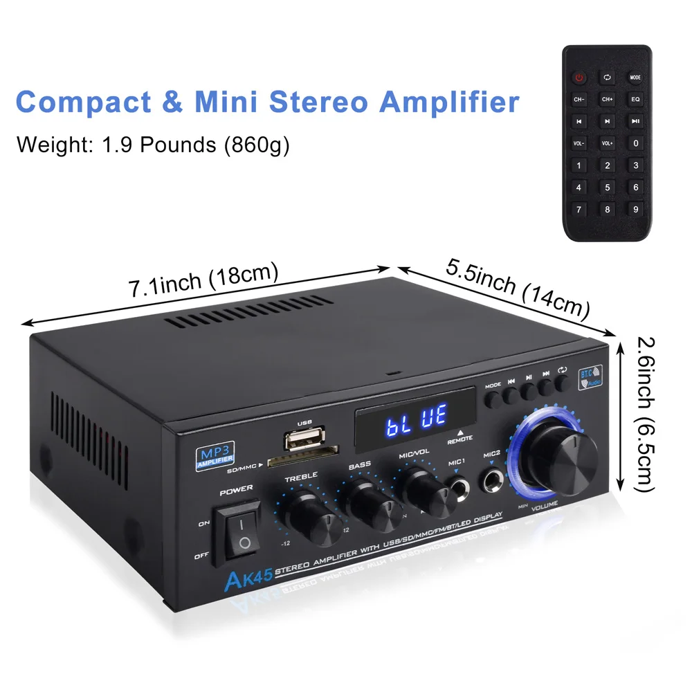 AK45 HiFi цифровой усилитель максимальная мощность 300Wx 2 канала 2.0 Bluetooth объемный звук