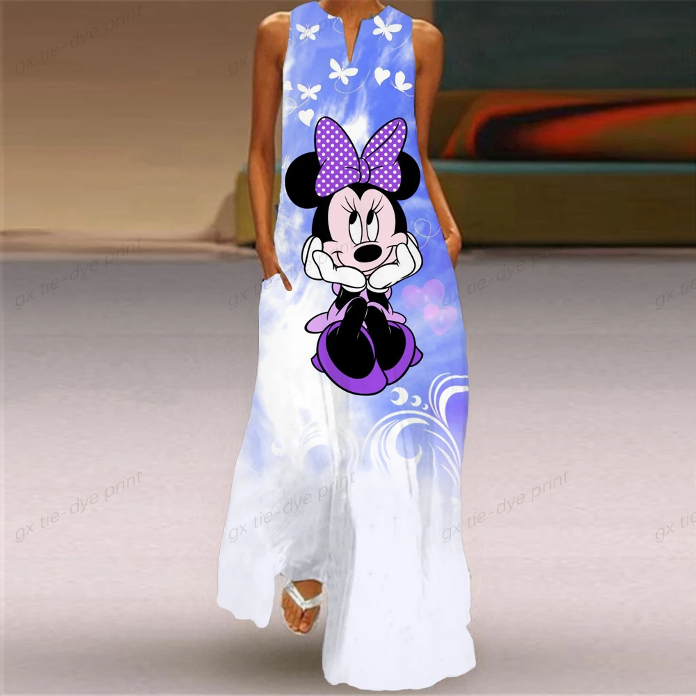 

Disney Minnie Print Dress 2022 Elegant Casual Retro Dress Women Summer Beach Bohemia Sleeveless Girl Long Dress Women