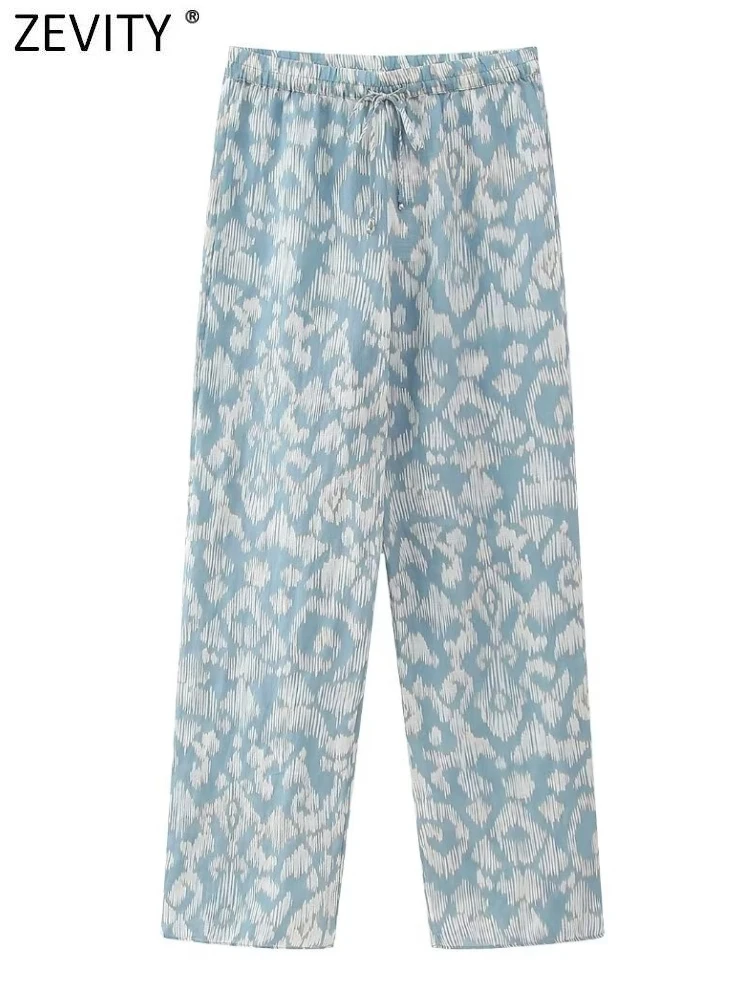 

Женские винтажные брюки Zevity 2023 с цветочным принтом, повседневные Прямые брюки, офисные женские шикарные длинные брюки с эластичным поясом и бантом P4723