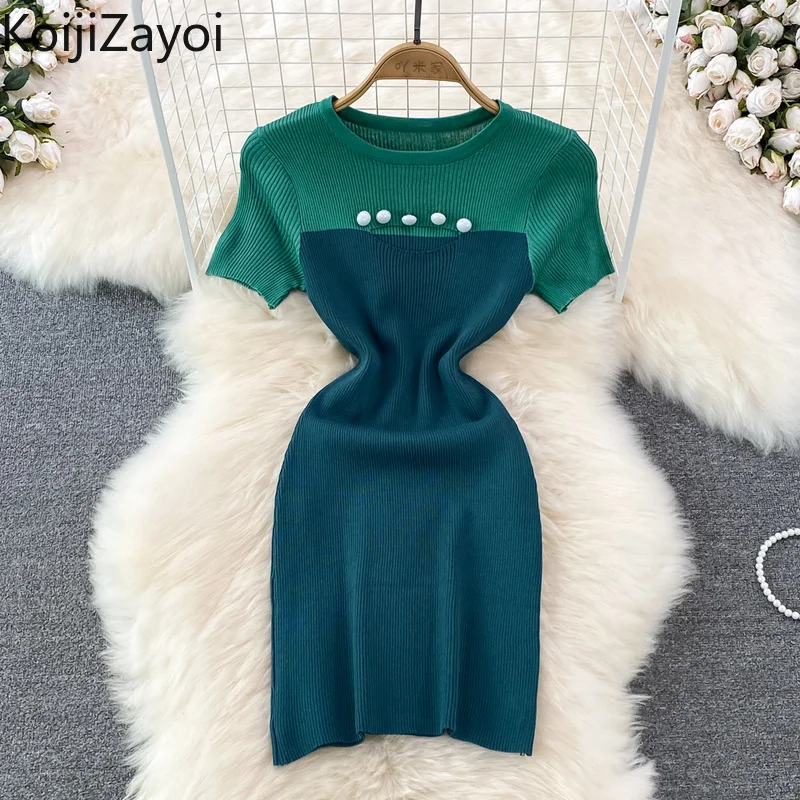 

Koijizayoi Panelled Women Fashion Knitted Dress Casual Loose Short Sleeves O Neck Lady Chic Dresses Female 2022 Outwear Vestidos