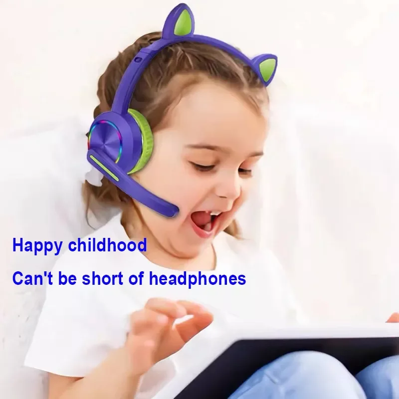

Cat Ear Wireless Earphones Children Controllable RGB Light Stereo Music Helmet Headsets With Mic Online Learning Headsets Gift