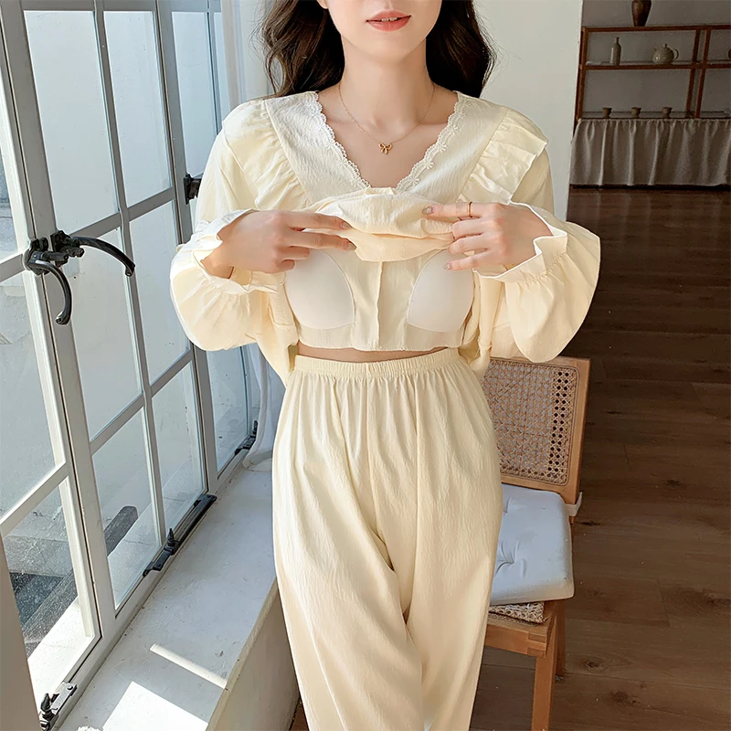 Женский пижамный комплект с нагрудной подушечкой осень 2024 милая Хлопковая