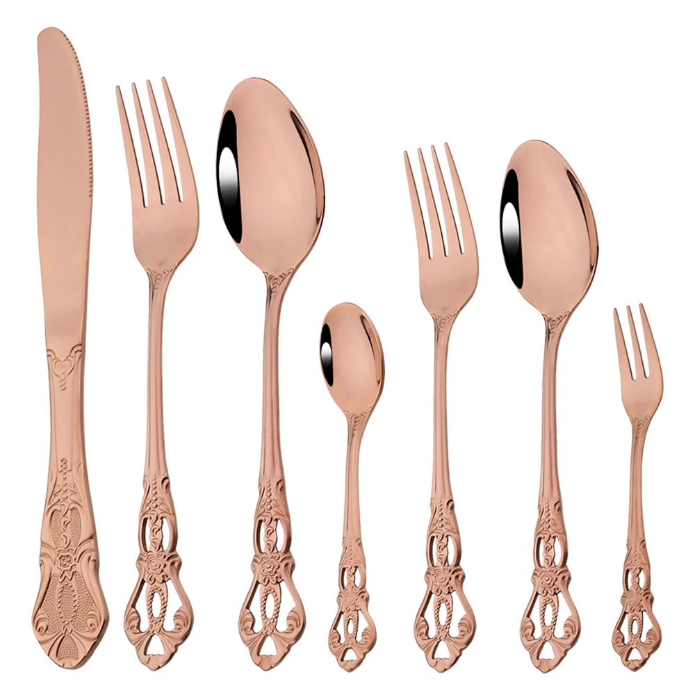 

Винтажный Розовый набор посуды из 7 предметов, столовые приборы из нержавеющей стали в западном стиле, ножи, вилки, ложки, столовая посуда, ку...