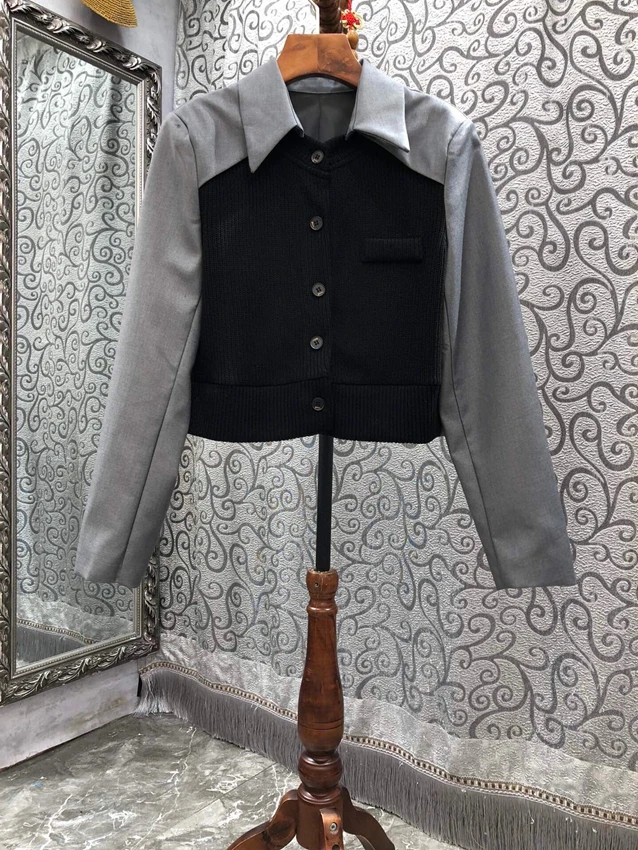

2022 new women fashion high quality long sleeve lapel stitching contrast color short coat 923