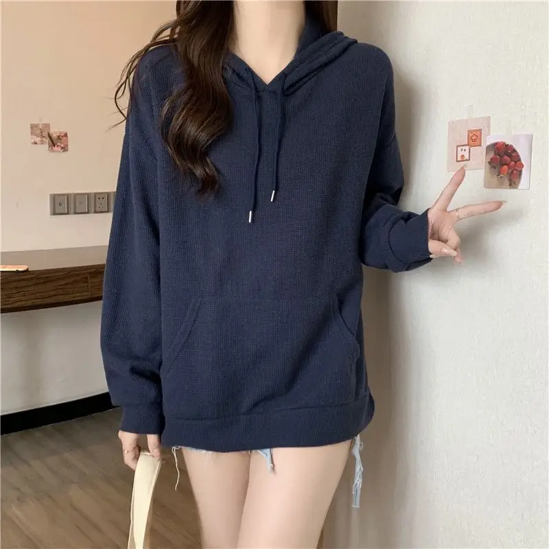 

All Match Spring Autumn Fashion Women's Solid Casual Sproty Hooded Pullover Shirts Cool Girl Top Student Loose Pocket Soft