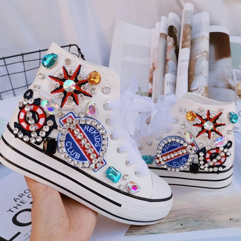 

Custom Rhinestone Women Canvas Shoes Flat Shoes High Top Manual 2022 New Ladies Canvas Shoes Crystal sneakers women D3-63