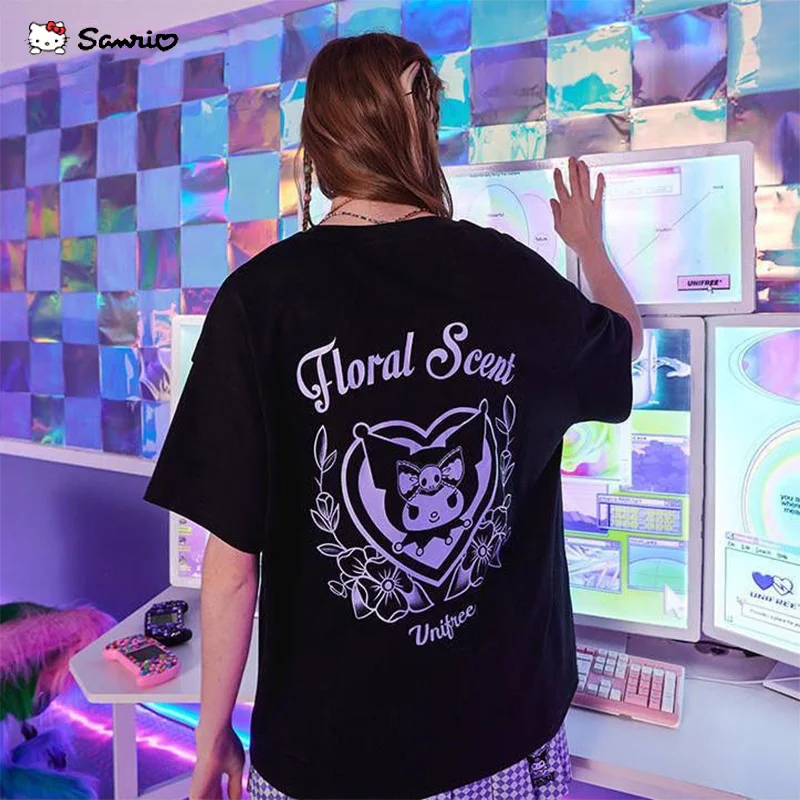 

Fashion Trend Kuromi Cotton Cartoon T-shirt Kawaii Sanrio Printed Loose Women Summer Short Sleeve Casual Men Clothes Top