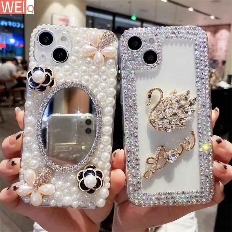 

3D Camellia Swan Bling Diamond Chain Phone Case For Samsung A53 A73 A33 A32 A51 A71 A72 A52 A23 A22 A13 A12 A11 10 S 50 70 Cover