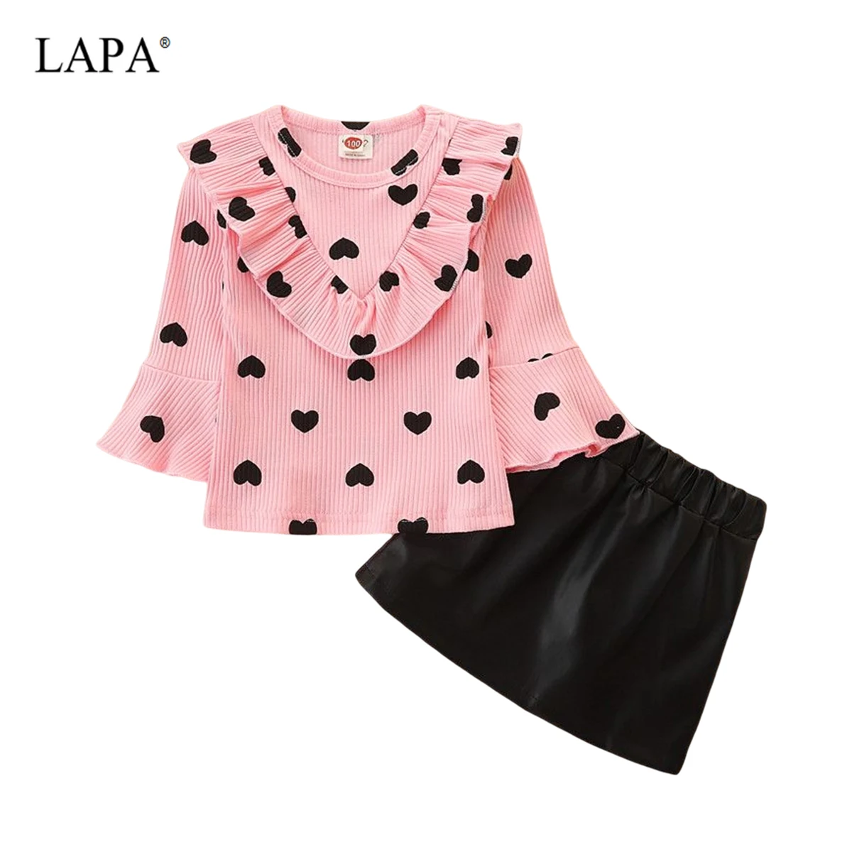 

LAPA 2 to 8 Years Girls Clothes Crew neck Spring Autumn Heart Long Sleeve Fashion Outfits PU Skirt Set