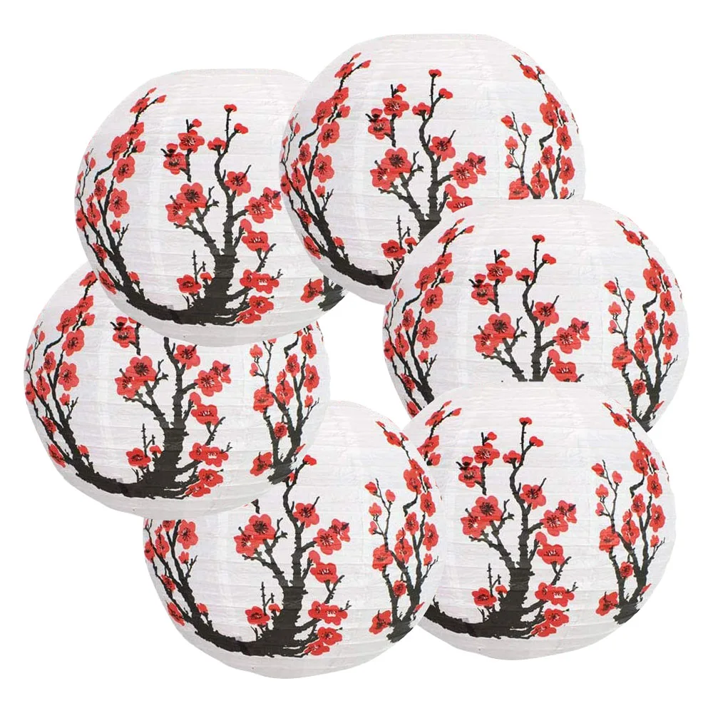 

6 Pack 12Inch Red Cherry Flowers Paper Lantern White Round Chinese Japanese Paper Lamp for Home Wedding Party Decoration