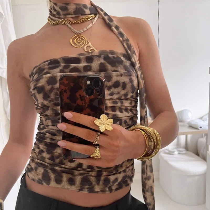 Женский укороченный Топ без бретелек с леопардовым принтом