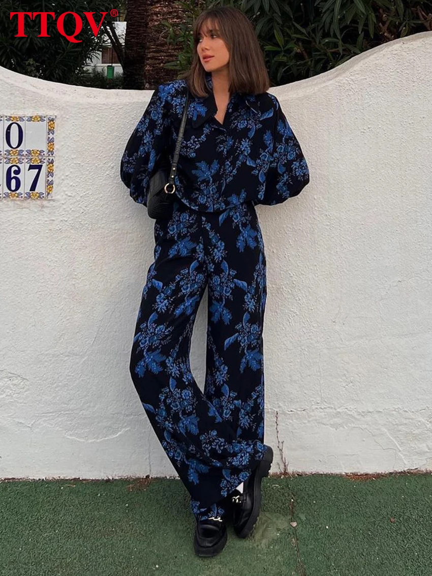 

Женский брючный костюм с цветочным принтом, длинным рукавом и высокой талией