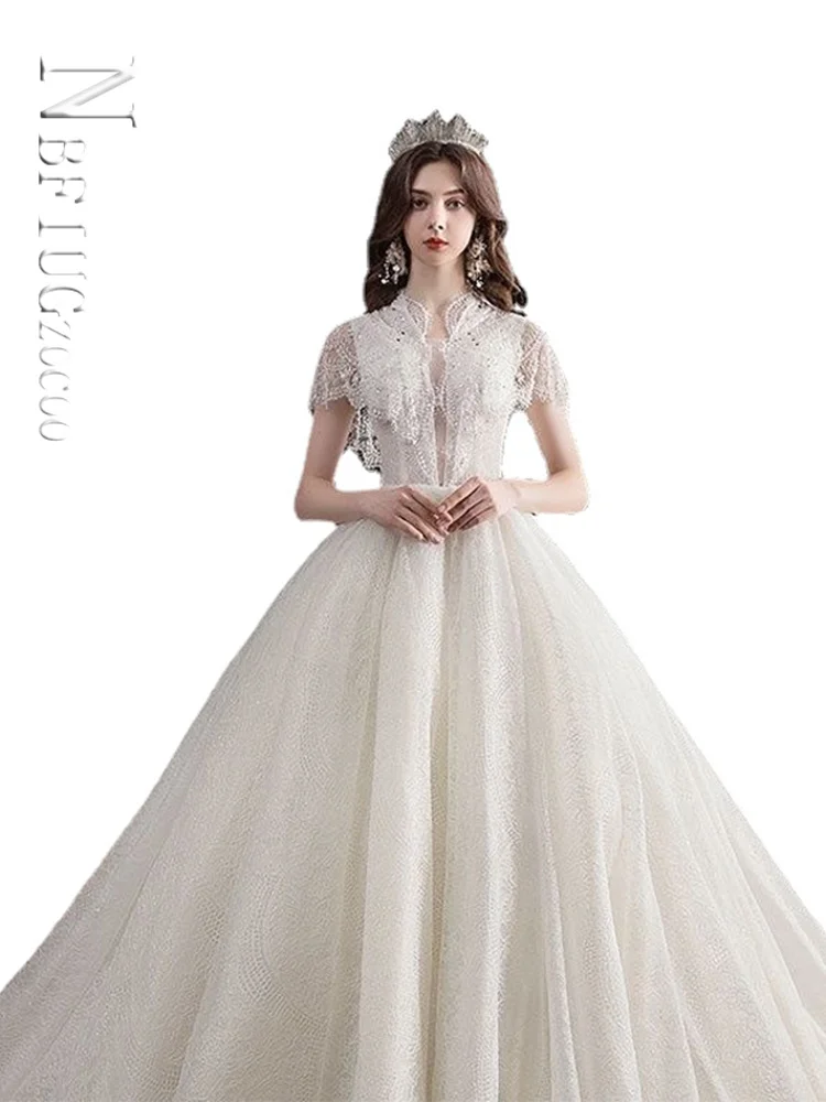 

Wedding Dresses Short Sleeves Lace Sequined Princess Long Wedding Gowns