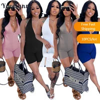 wholesale items women summer bodycon jumpsuit shorts ribbed knit halter backless playsuits sporty romper one piece overalls 2022