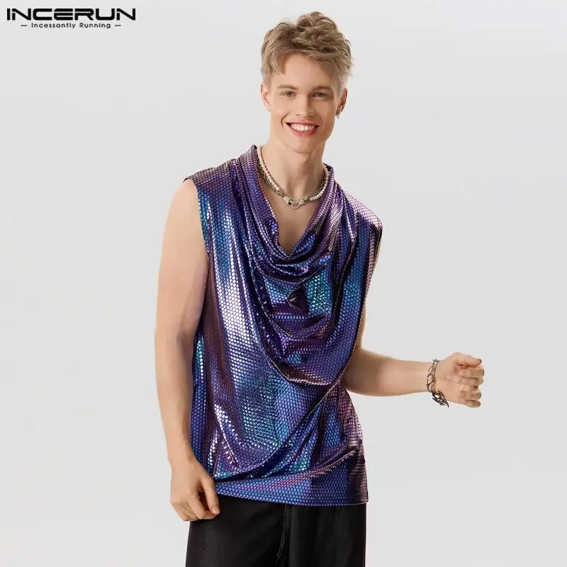 

INCERUN 2023 Men Tank Tops Shiny V Neck Sleeveless Loose Summer Polka Dot Vests Sparkling Streetwear Fashion Men Clothing S-5XL