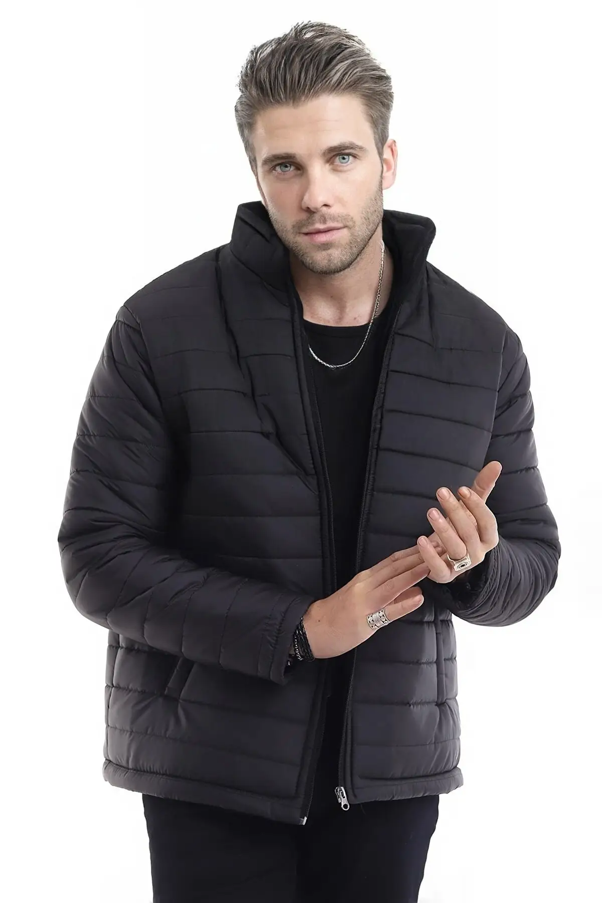 Men's Black Windproof Stand Collar Winter Coat