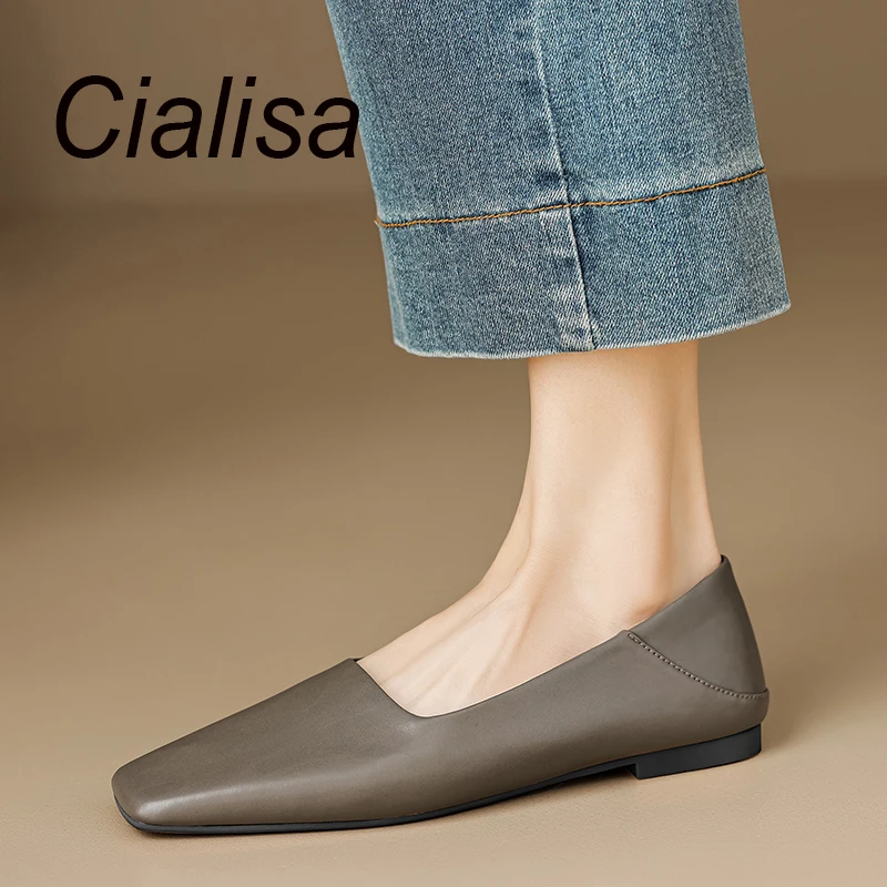 

Женские туфли ручной работы Cialisa, удобные туфли из натуральной кожи на плоской подошве с квадратным носком, серого и черного цвета, осень 2023