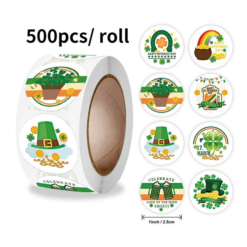 

500Pcs St. Patrick's Day Labels Stickers 8 Designs Green Clover Gold coins Thank You Stickers For Home Decor DIY crafts toys