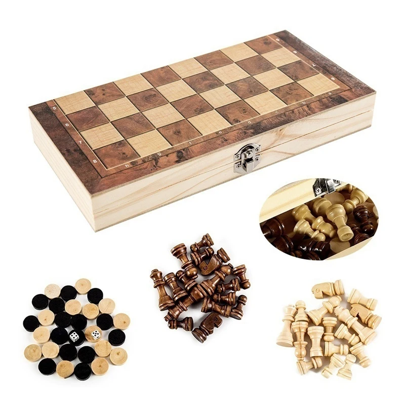 

3 In 1 Wooden Chess And Checkers Set Board Games For Kids And Adults For Travel Portable Folding Beginner Chess Set