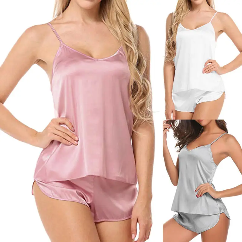 

Sexy Lady Simulation Silk Female Pajamas Set V-neck Camisole Sleeveless Sleepwear Nightwear Women Soft Suit Bikini Cover Up