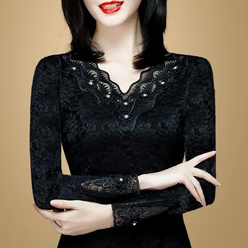 Женская кружевная блузка Элегантная с V-образным вырезом и сетчатой вставкой