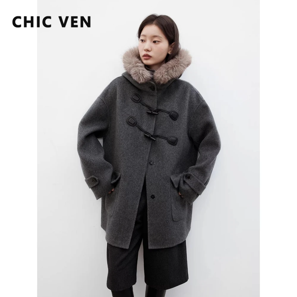 Фото CHIC VEN женское шерстяное пальто средней длины, свободное повседневное женское пальто с двусторонней роговой пряжкой и капюшоном, осень-зима 2025 №1