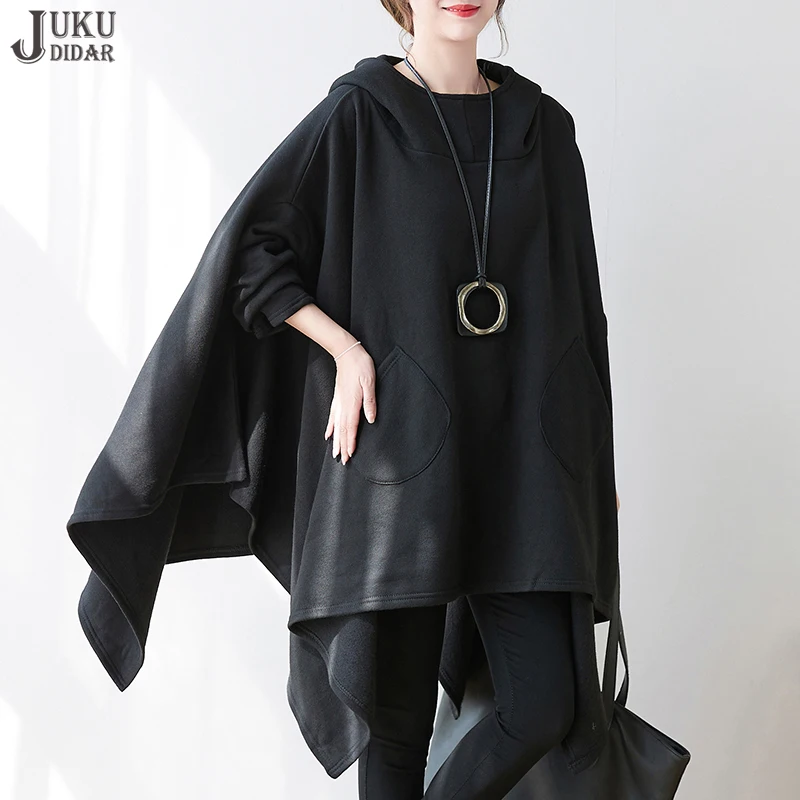 

Batwing Sleeve Japanese Style Casual Top Solid Black Woman Irregular Hooded Sweatshirt Loose Fit Streetwear Large Hoodie JSWS011