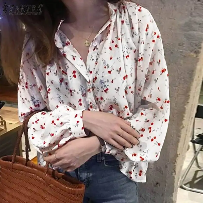 

Floral printed Vintage Holiday Blouse Bohemian Button Casual Loose Shirts Oversized Tops ZANZEA Autumn Women Puff Sleeved Lapel