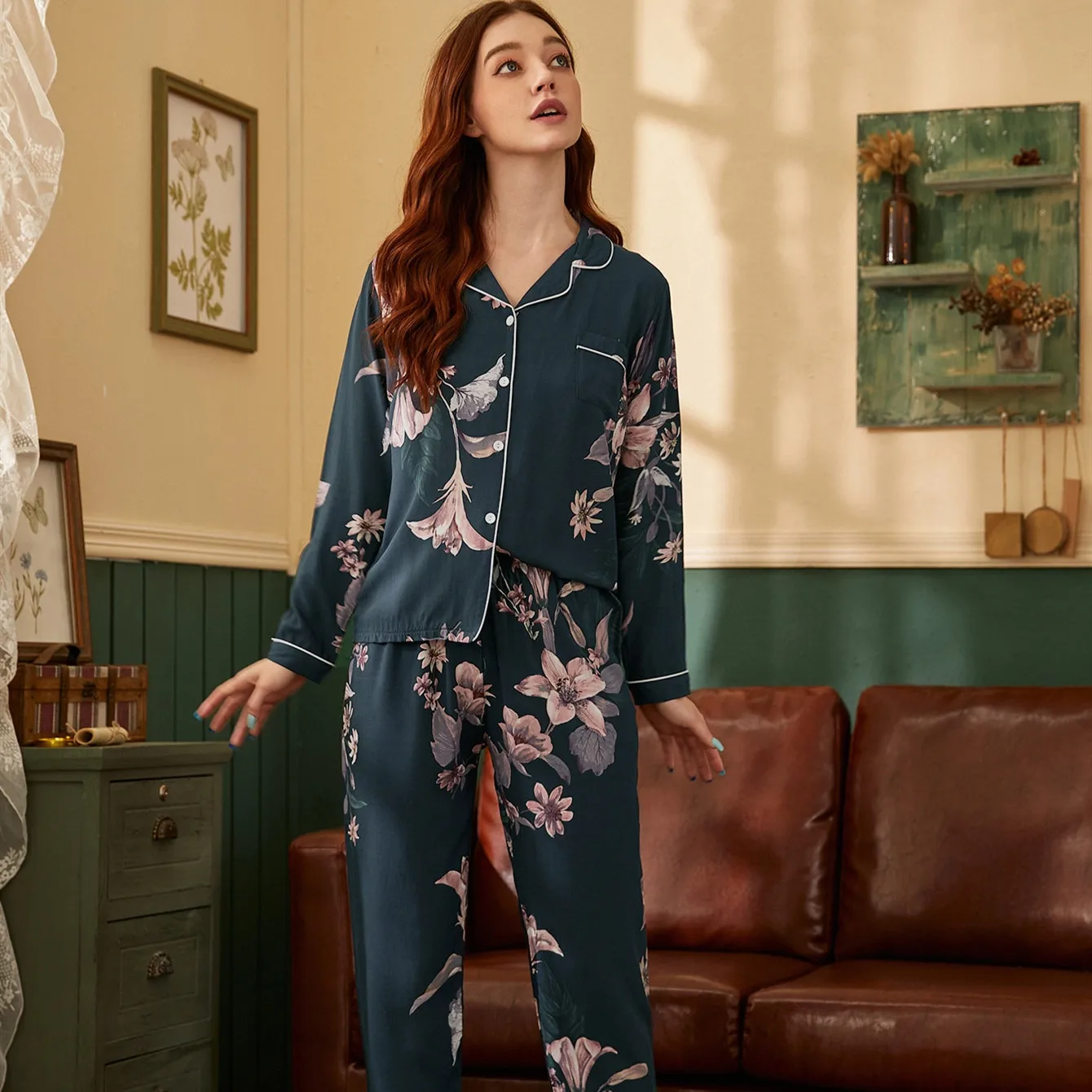 Cotton Long-sleeved Long Trousers Women Pajamas Set Comfortable Cardigan Tops Ladies Cotton Pajamas Sleepwear Pyjama