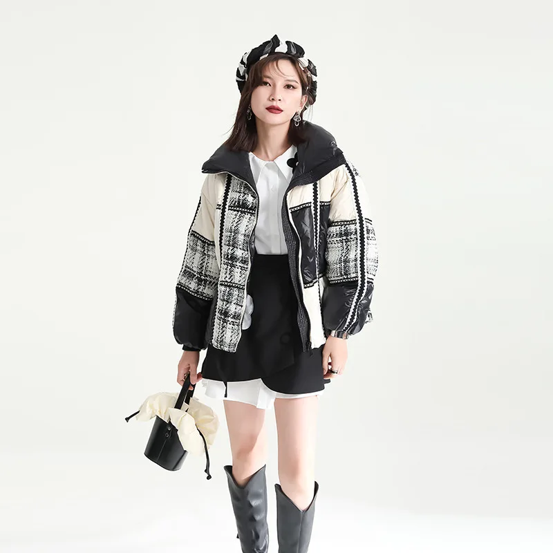 Short Sections of Cotton Clothing Female Winter 2022 New Sense of Design Tweed Splicing Bread Clothes Small People Jacket
