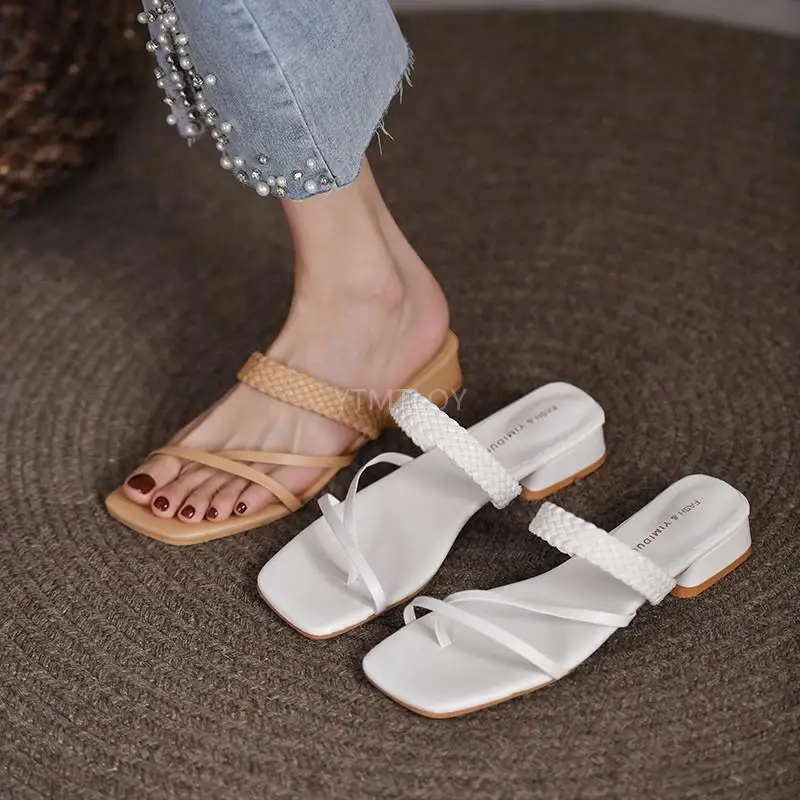 

Женские шлепанцы большого размера, Летние повседневные шлепанцы на массивном каблуке, квадратный носок, мюли, домашняя обувь Ytmtloy, 2021