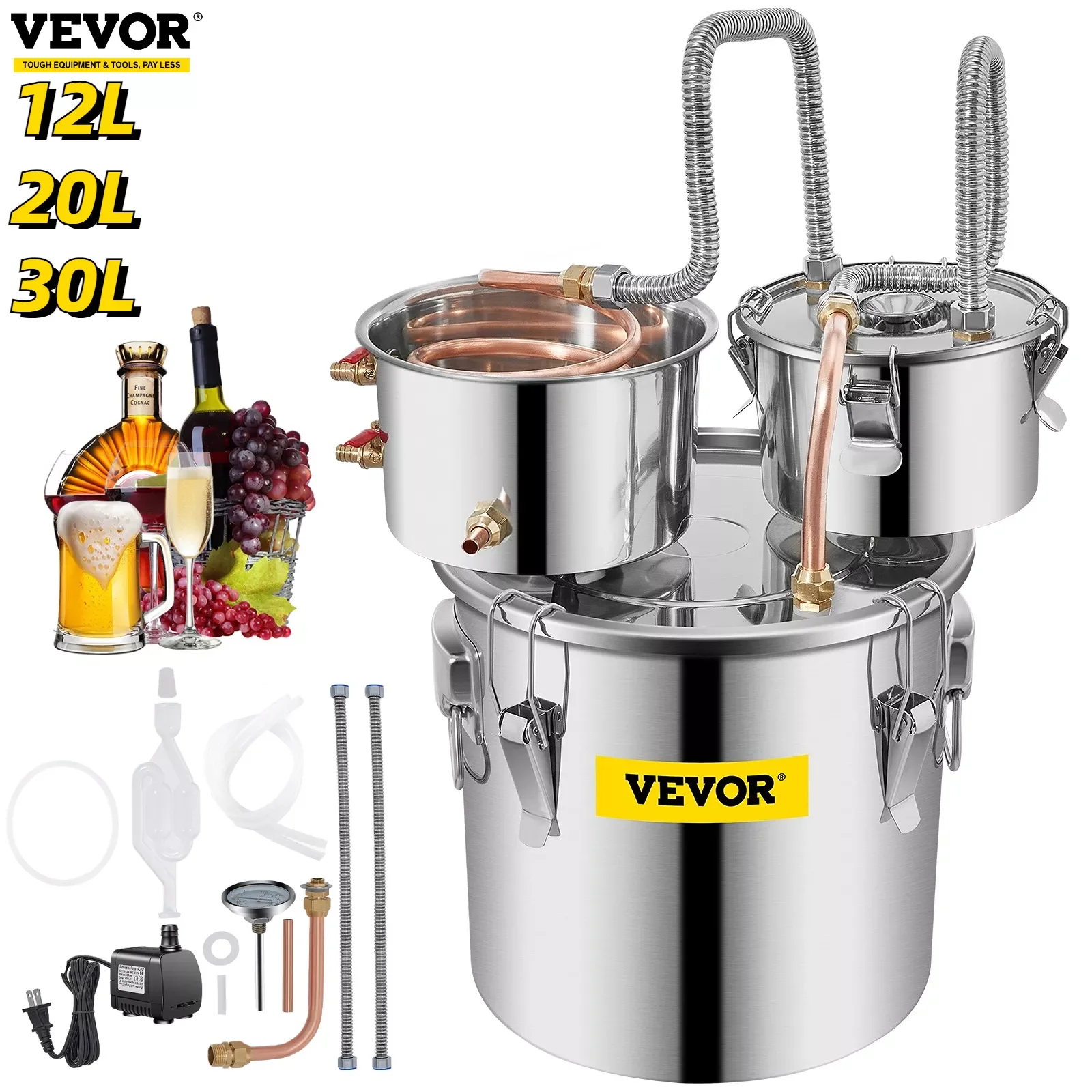 

VEVOR 12L 20L 30L Alcohol Brewing Distiller DIY Moonshine Apparatus Stainless Steel Still Whisky Beer Wine Brandy Home Appliance