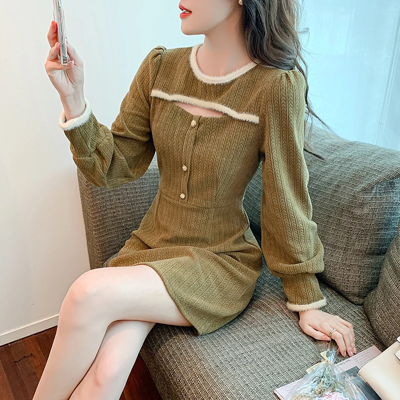 

Autumn Winter 2022 New Corduroy Design Feeling Retro Dress for Women Clothing Versatile Slim Underskirt Vestidos Above Knee Mini