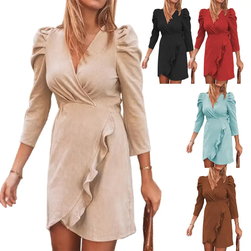 

Spring and Autumn Women's Fashion Solid Color V-Neck Long-Sleeve Ruffle Dress Female & Lady Casual Dressses