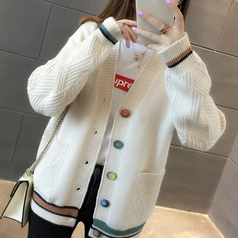 

Fashion V Neck Women Cardigan Sweater Autumn Long Sleeve Single Breasted Knit Coat Casual Korean Striped Pocket Sweater