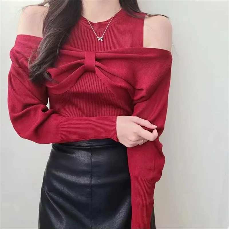 

Sweet Bow Long Sleeve Sweater Women Slim Fit Simple Off Shoulder Knitted Tops Autumn Winter 2023 New Korean Chic Pullovers T048