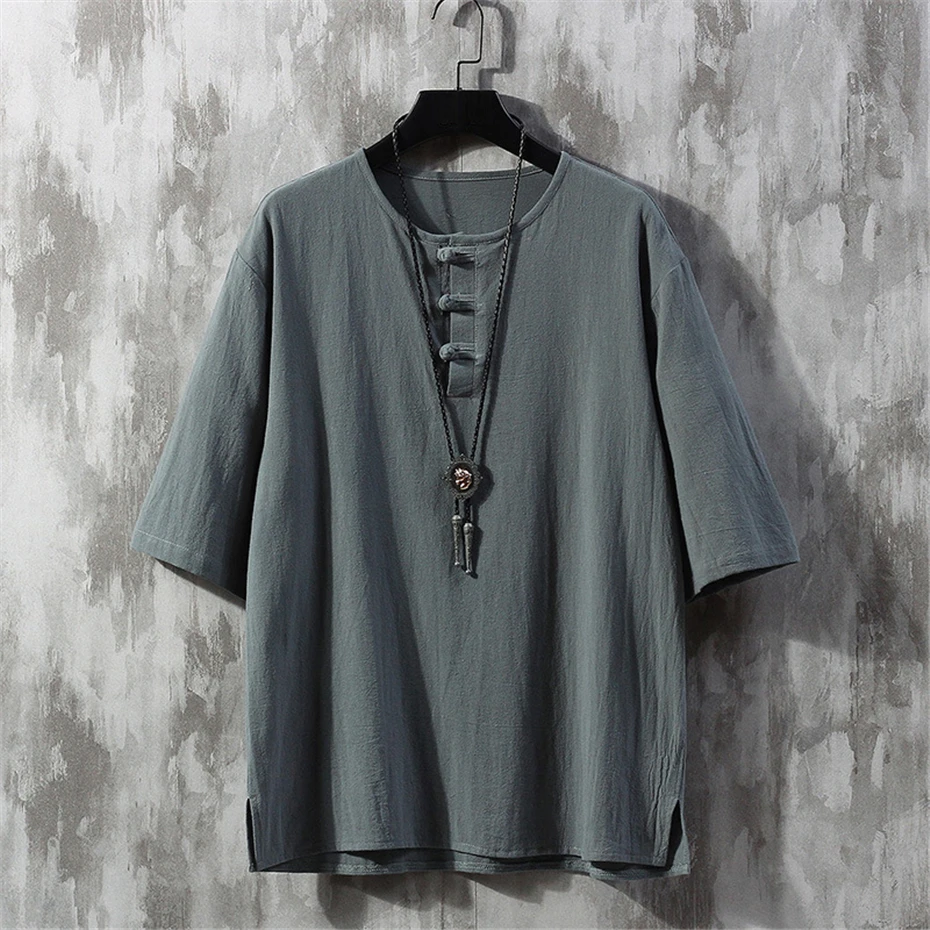 

Summer Linen T-shirt Men Harajuku Casual Solid Color Half Sleeve T Shirt Summer Tops Tees Male Chinese Style Tshirts