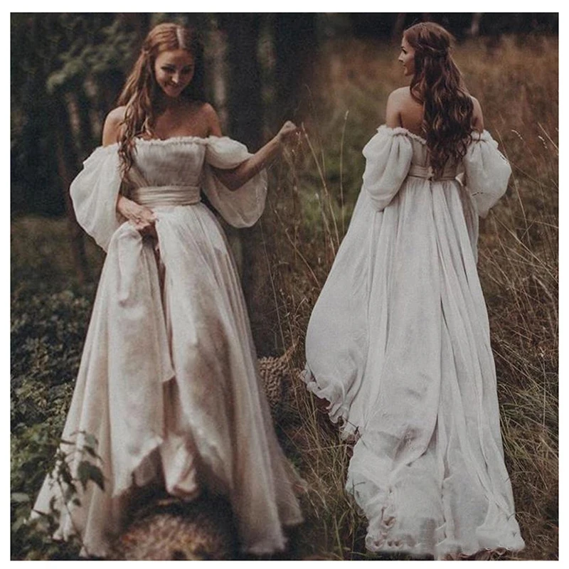 

Chiffon Princess Wedding Dresses 2021 Off the Shoulder Puff Sleeves Beach Bridal Gowns Simple Boho Wedding Gown Plus Size