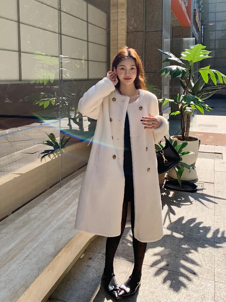 Fur Coat Women's Straight Loose Cashmere Lamb Wool Leather Fur Coat round Neck New