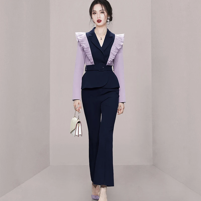 Elegant Office Blazer Suit Two Piece Set 2022 Fall Contrast Color Pants Suit Korean Fashion Professional Wear