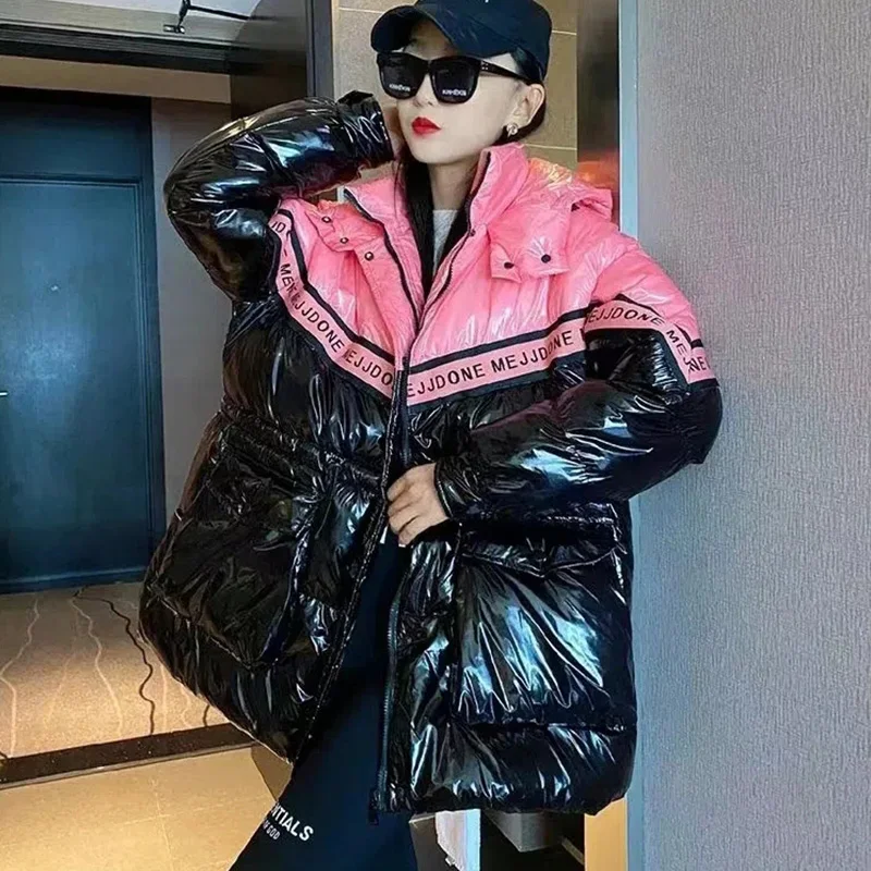 Down Jacket Women's 2022 Winter New Mid-Length Hooded Coat Bright Color Matching Waist Loose White Duck Feather Parkas Female