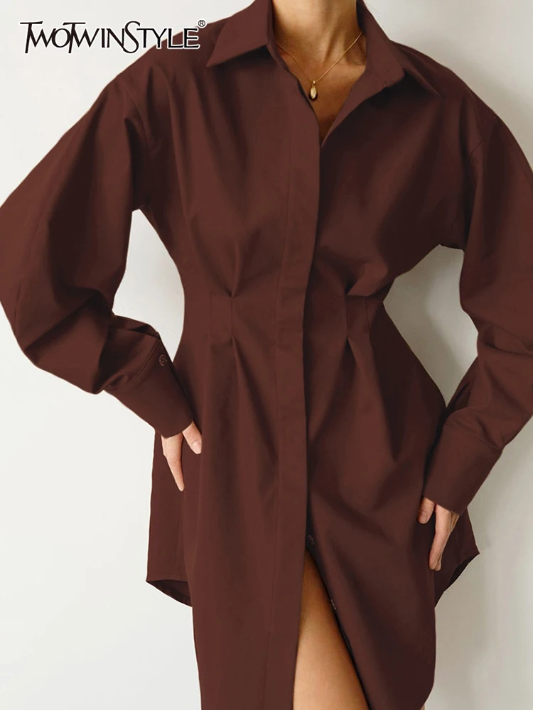 

TWOTWINSTYLE Minimalist Solid Dresses For Women Lapel Long Sleeve High Waist Tunic Spliced Single Breasted Dress Female Fashion