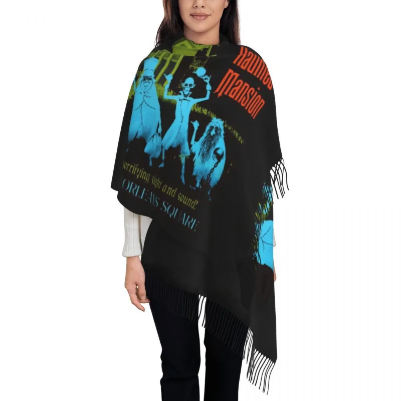 

Retro Vintage The Haunted Mansion Tassel Scarf Women Soft Halloween Ghost Shawls Wraps Female Winter Scarves