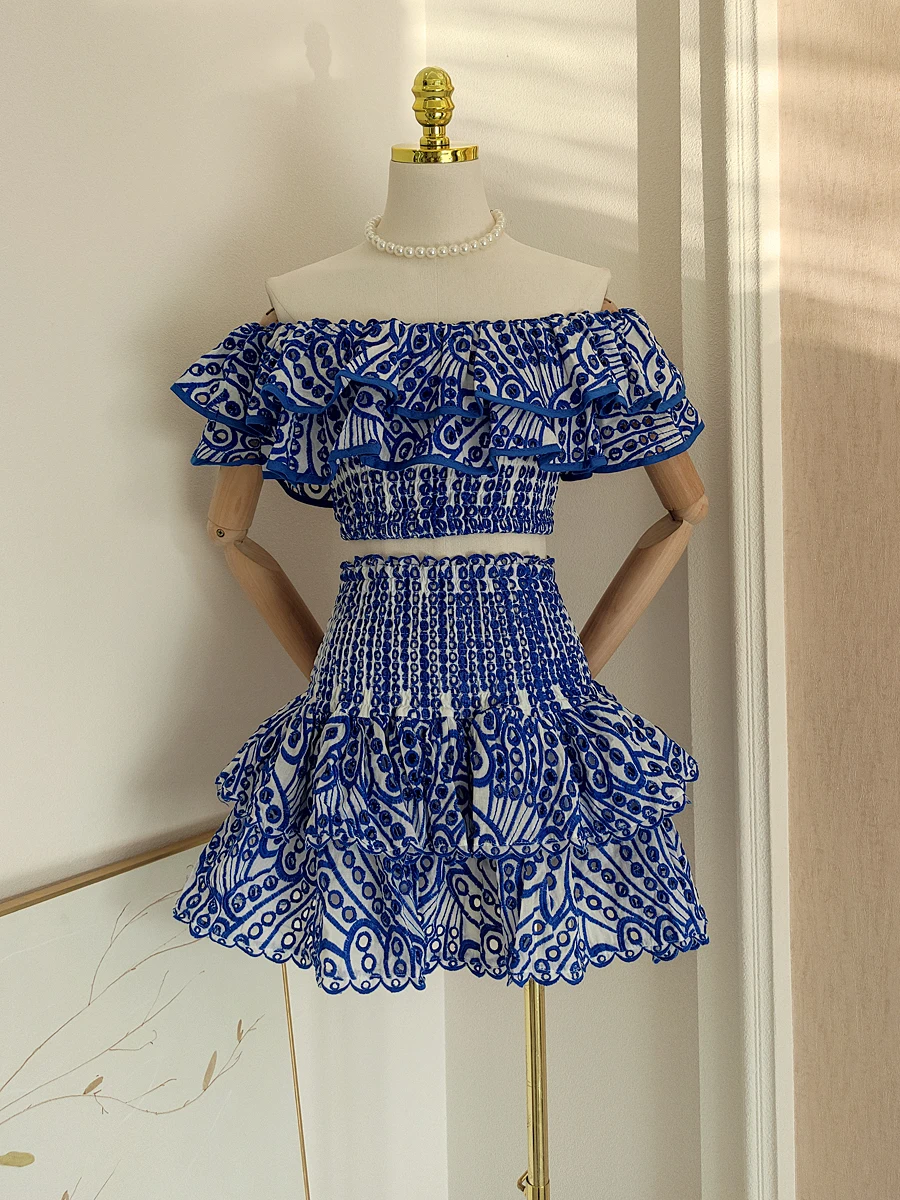 

Print Dress Two Piece Sets Women Slash Neck Off Shoulder Cropped Tops Ruffled High Waist Skirts Smocked Party Female Suit Outfit