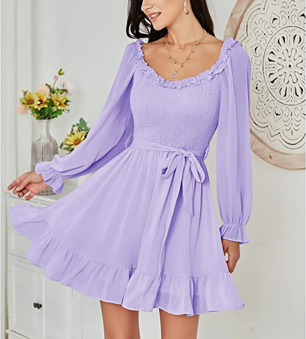 

2023 Early Spring New Women's Chiffon Dress Sexy V Neck Long Sleeve Ruffled Swing Party Dress Lace Up Elegant Dresses for Women