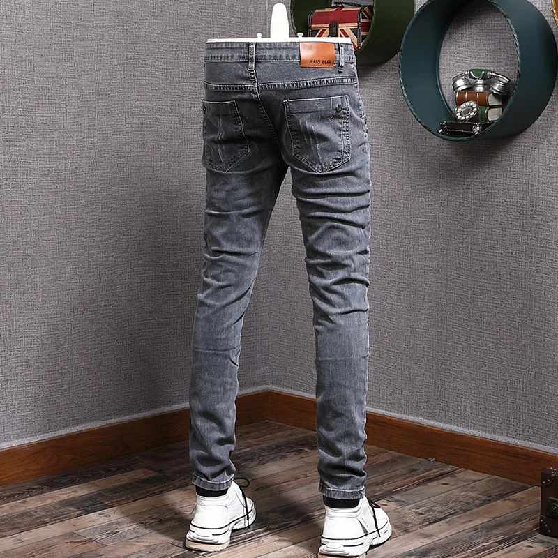 Fashion Designer Men Jeans Retro Gray Stretch Slim Ripped Elastic Trousers Vintage Casual Denim Pencil Pants Hombre