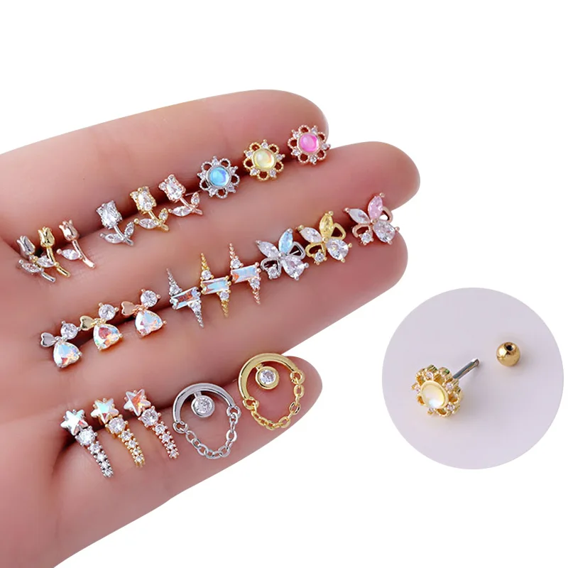 

1pc Crystal Flower Tragus Piercing Earring Flat 20G Cartilage Piercing Stud Helix Jewelry Conch Rook Lobe Earring Labret Stud