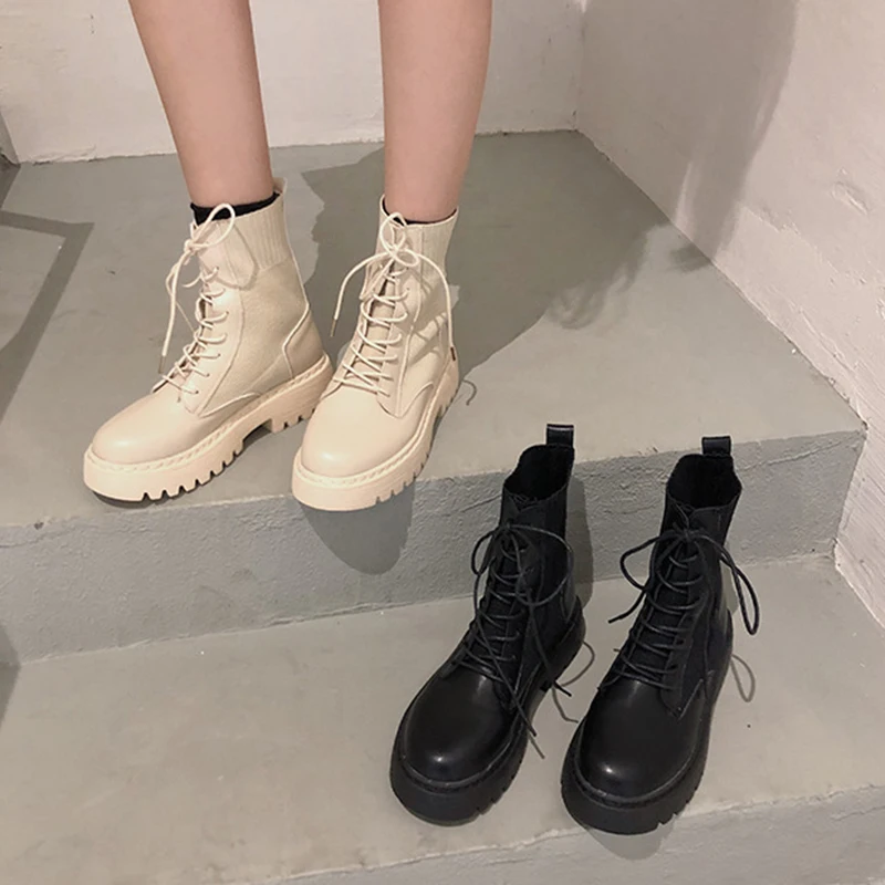 

Осенние ботильоны, женская обувь 2022, эластичные женские ботинки со шнуровкой, короткие ботинки на толстой подошве, Botas Mujer