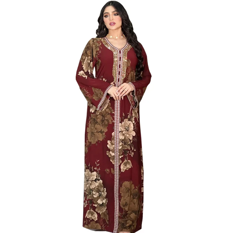 Muslim Elegant Summer Women Long Sleeve V-neck Polyester Green Purple Blue Long Abaya Maxi Dress Muslim Fashion Dresses