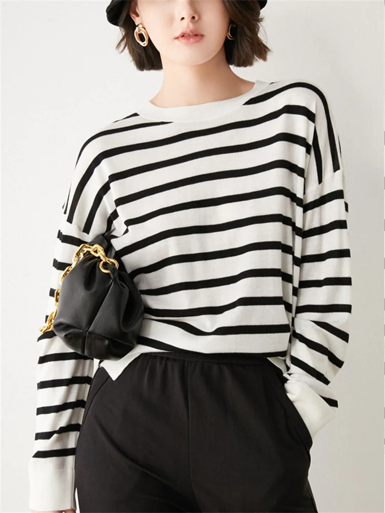 

Women Sweater Autumn Stripes Long Sleeve Casual Loose O-Neck Fashion Elegant Ribbed Knitted Pullover Winter Women's Clothing